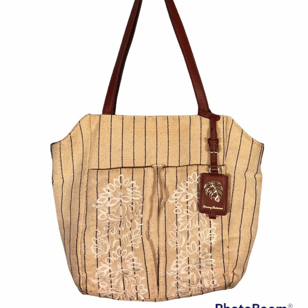 Tommy Bahama Women's Tote Bag Striped Embroidered Floral Linen Cotton Blend